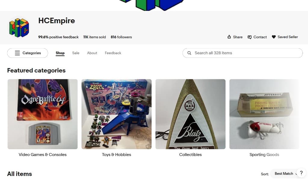 HC Empire eBay storefront showing featured categories and listings