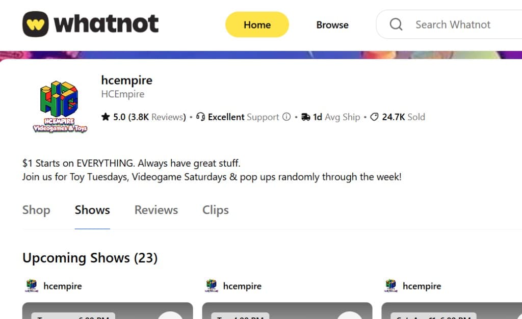 HC Empire Whatnot profile with rating, reviews, and sold stats